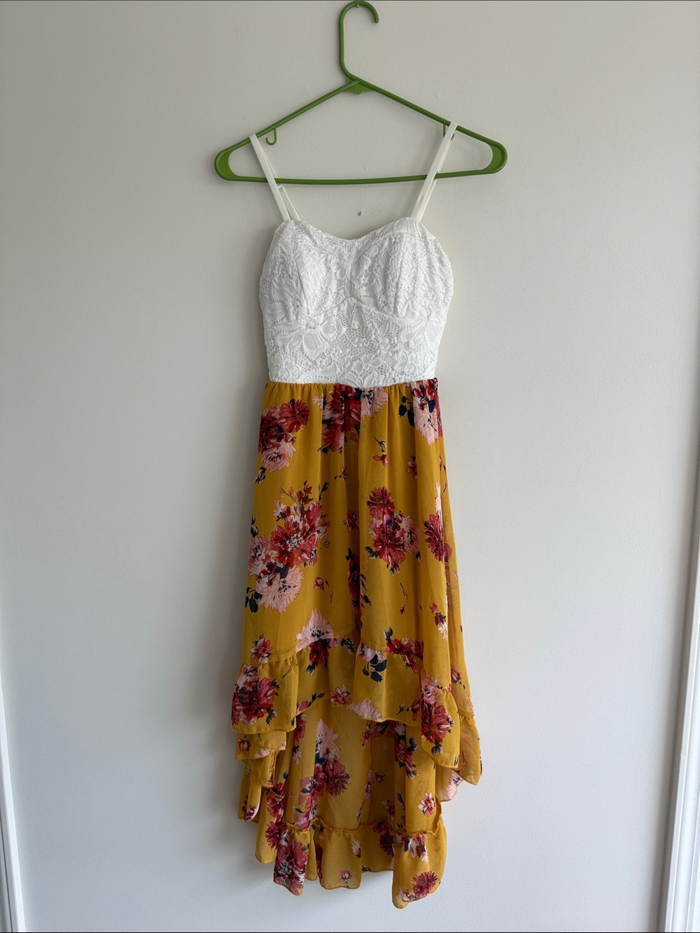 T.J.Maxx White Lace Top Yellow Floral High-Low Dress